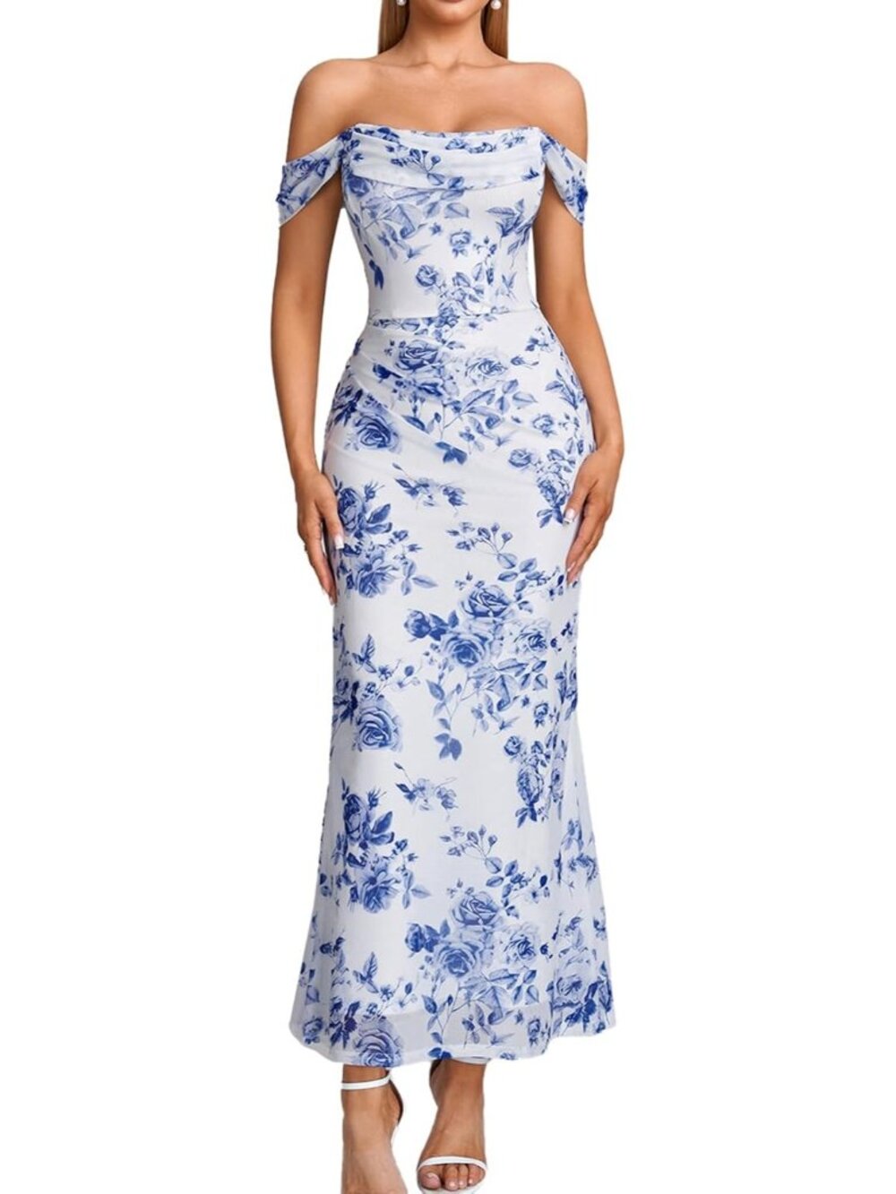 Women's White Floral Off the Shoulder Bodycon Corset Formal Wedding Maxi Dresses